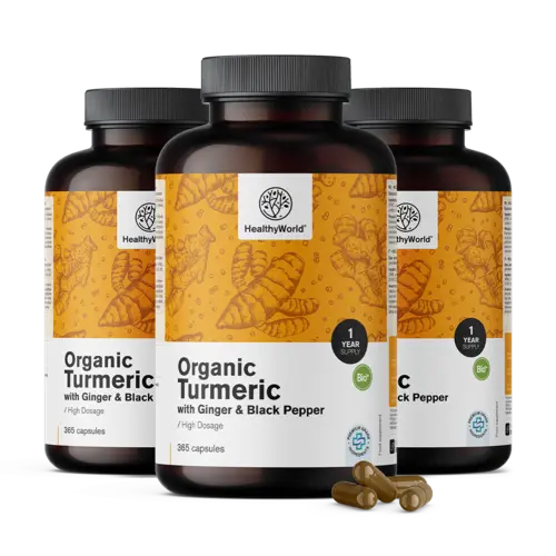 3x BIO Kurkuma 480 mg – gyömbérrel és fekete borssal, összesen 1095 kapszula